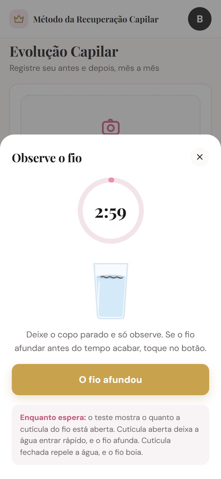 Tela do teste do copo com cronômetro de 3 minutos