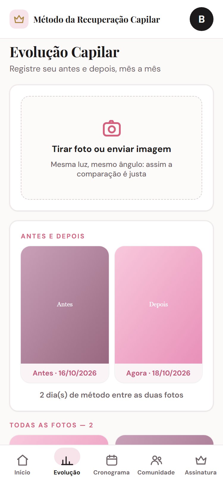 Tela de evolução com antes e depois